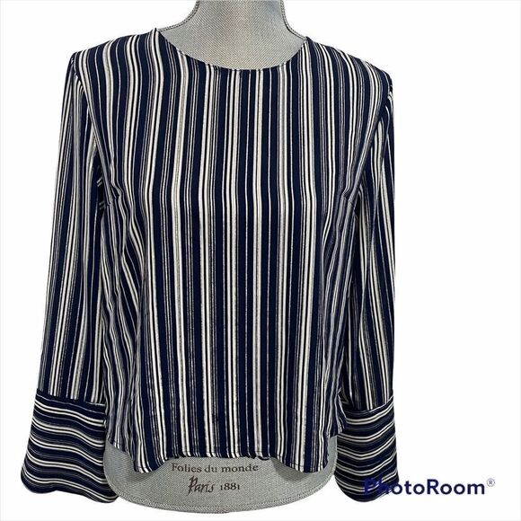 LUSH Blouse Womens Small Navy Blue Metallic Silver Striped Open Back Top - Picture 1 of 5